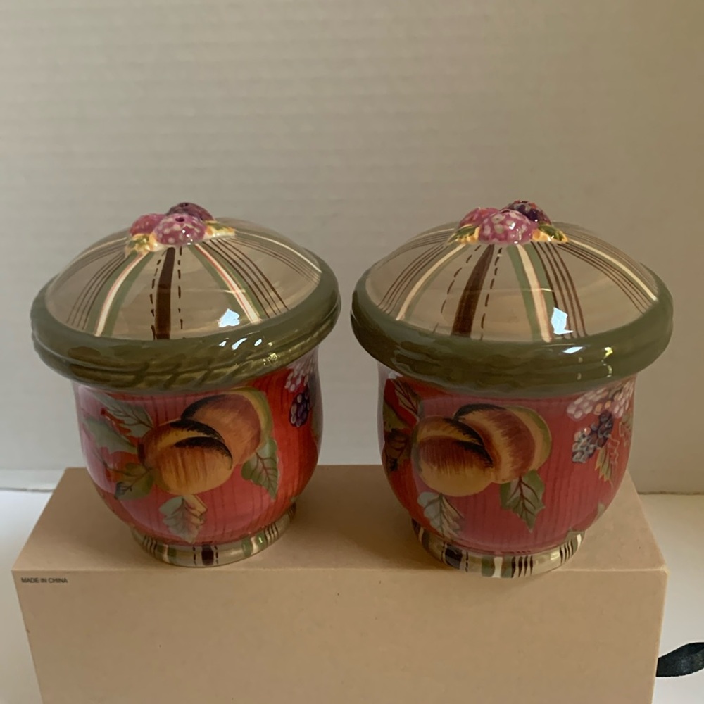 Tracy Porter vintage ceramic salt and pepper shakers. Red multi fruit & floral